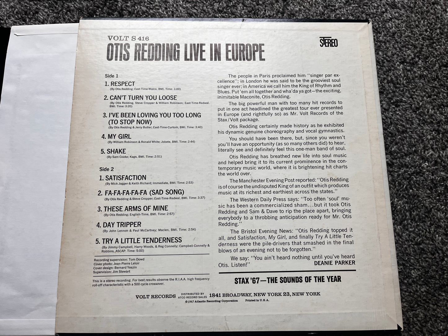Otis Redding Live In Europe Vinyl VOLT S-416 STEREO 1967 VG+