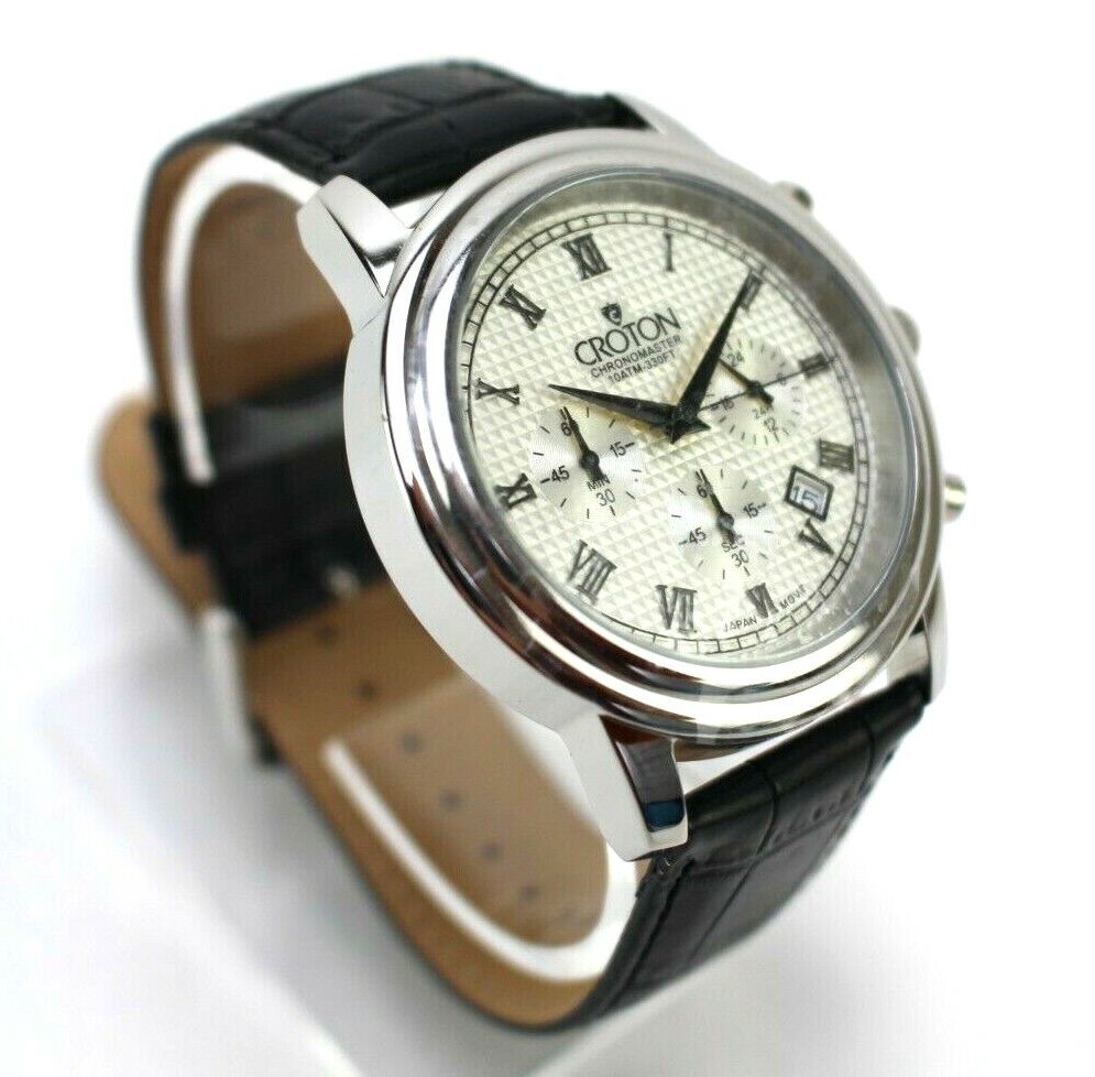 Croton CC311273 Chronomaster Silvertone Stop Watch Black Leather Band New Works