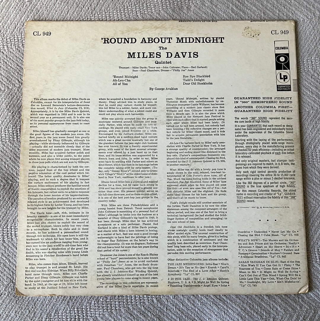 'Round About Midnight - Miles Davis Columbia CL 949 1957 Mono Terre Haute Pressing VG Vinyl