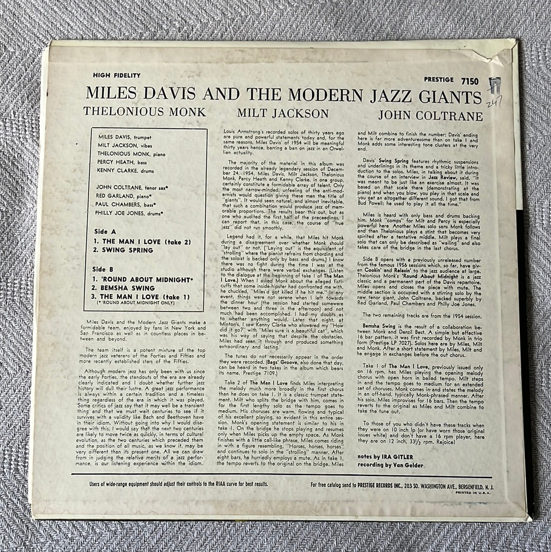 Miles Davis And The Modern Jazz Giants Prestige 7150 Mono 1959 VG/G Vinyl