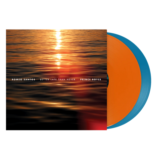 the album cover for Romeo Santos & Prince Royce - Better Late Than Never [Tangerine and Aqua]