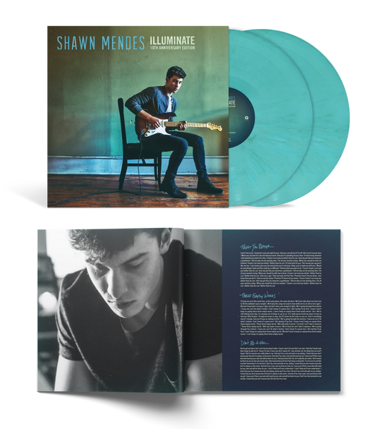 the album cover for Shawn Mendes - Illuminate - 10th Anniversary Edition [Translucent Aqua 2 LP]