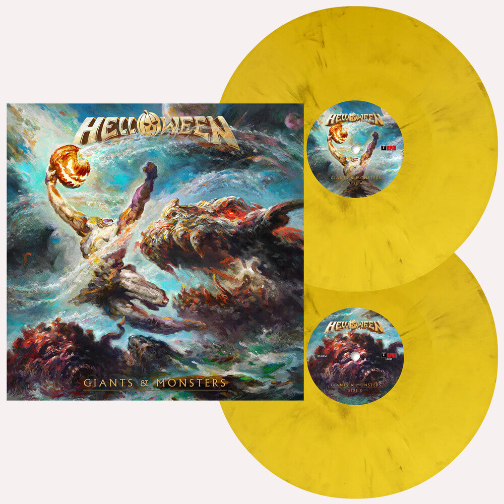 the album cover for Helloween - GIANTS & MONSTERS [Indie Exclusive Sunlight Yellow Marble 2LP, Pumpkin Etching on D-Side, 12-page booklet]