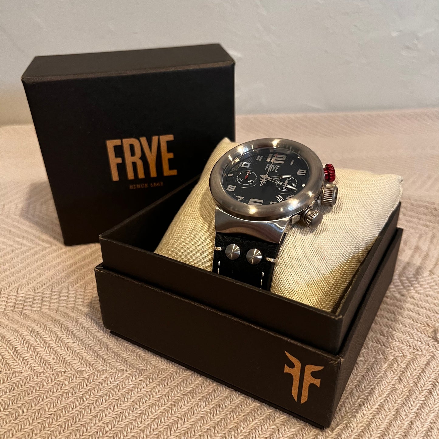 FRYE 37FR00005-01 Men's Harness Steel Chronograph Watch Black Leather Strap New