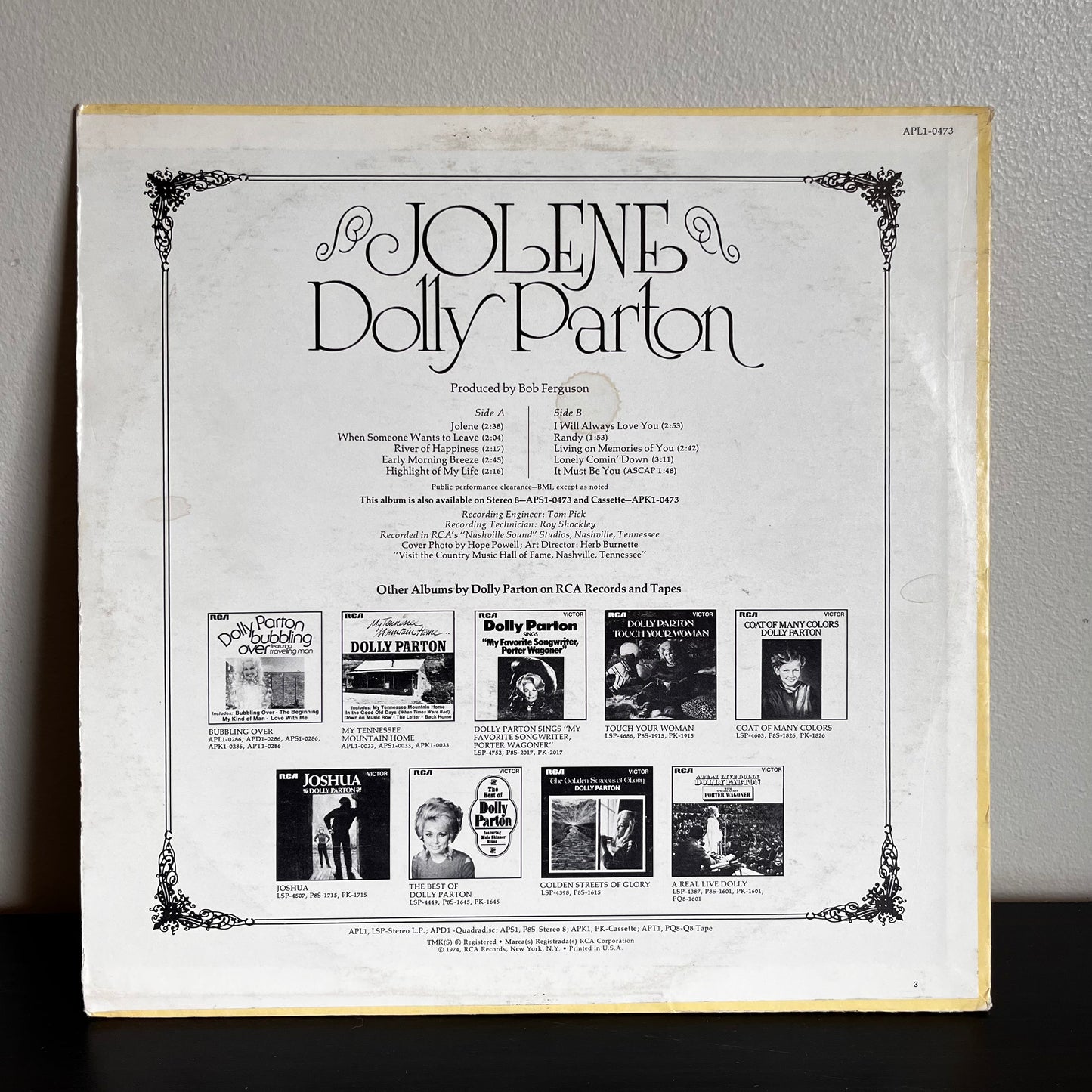 Jolene - Dolly Parton RCA APL1-0473 Used Vinyl G+ 1974 Indianapolis Pressing Orange Label