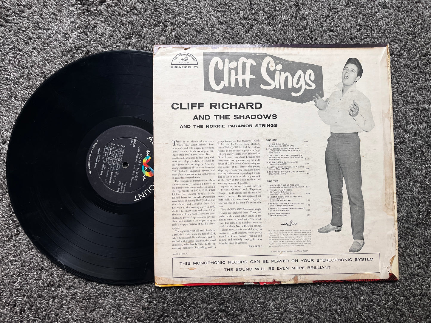 Cliff Sings - Cliff Richard and the Shadows Vinyl VG ABC-321 Mono