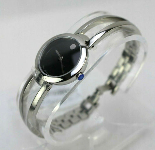 Movado 0607131 Amorosa Black Dial Steel Bangle Bracelet Women's Watch New W/ Tags