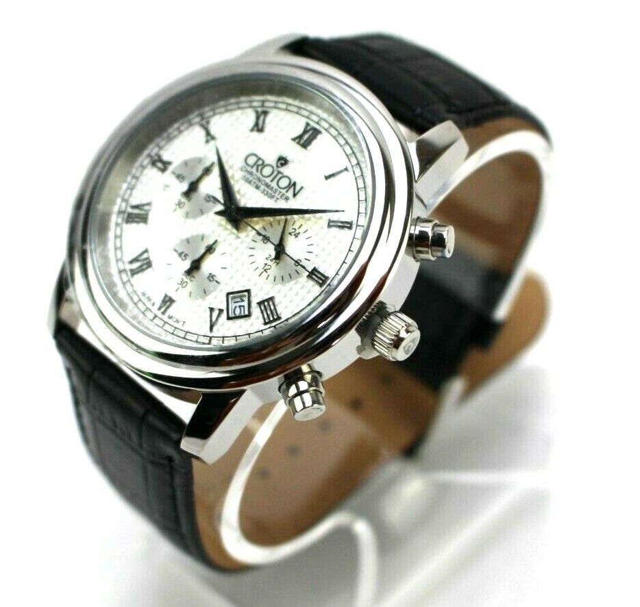Croton CC311273 Chronomaster Silvertone Stop Watch Black Leather Band New Works