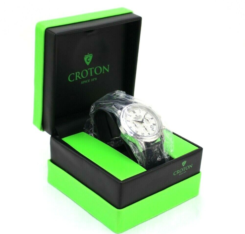 Croton CC311273 Chronomaster Silvertone Stop Watch Black Leather Band New Works