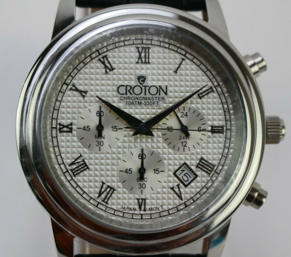 Croton CC311273 Chronomaster Silvertone Stop Watch Black Leather Band New Works