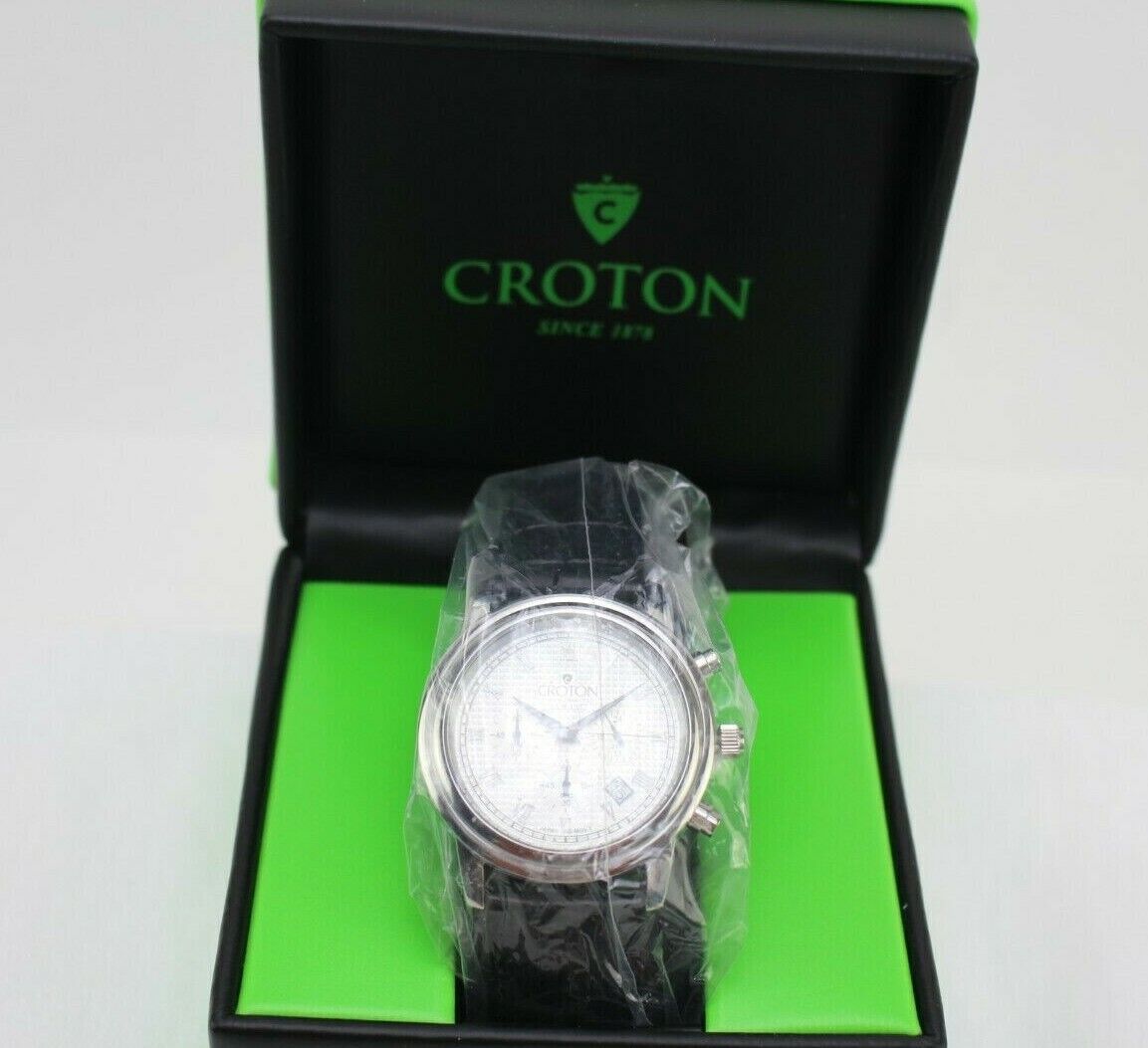 Croton CC311273 Chronomaster Silvertone Stop Watch Black Leather Band New Works