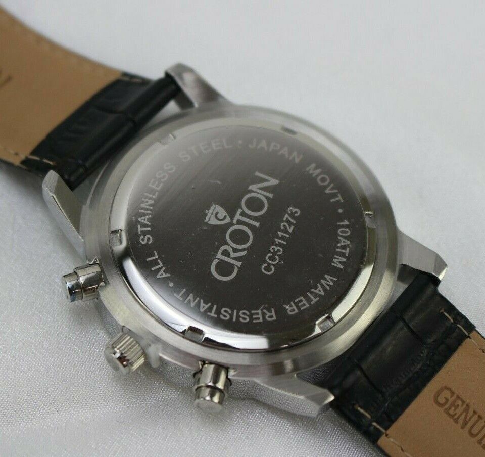 Croton CC311273 Chronomaster Silvertone Stop Watch Black Leather Band New Works