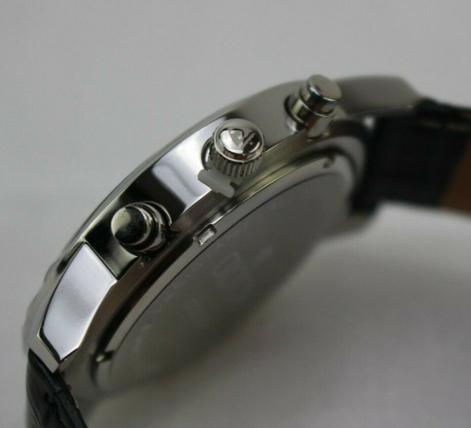 Croton CC311273 Chronomaster Silvertone Stop Watch Black Leather Band New Works