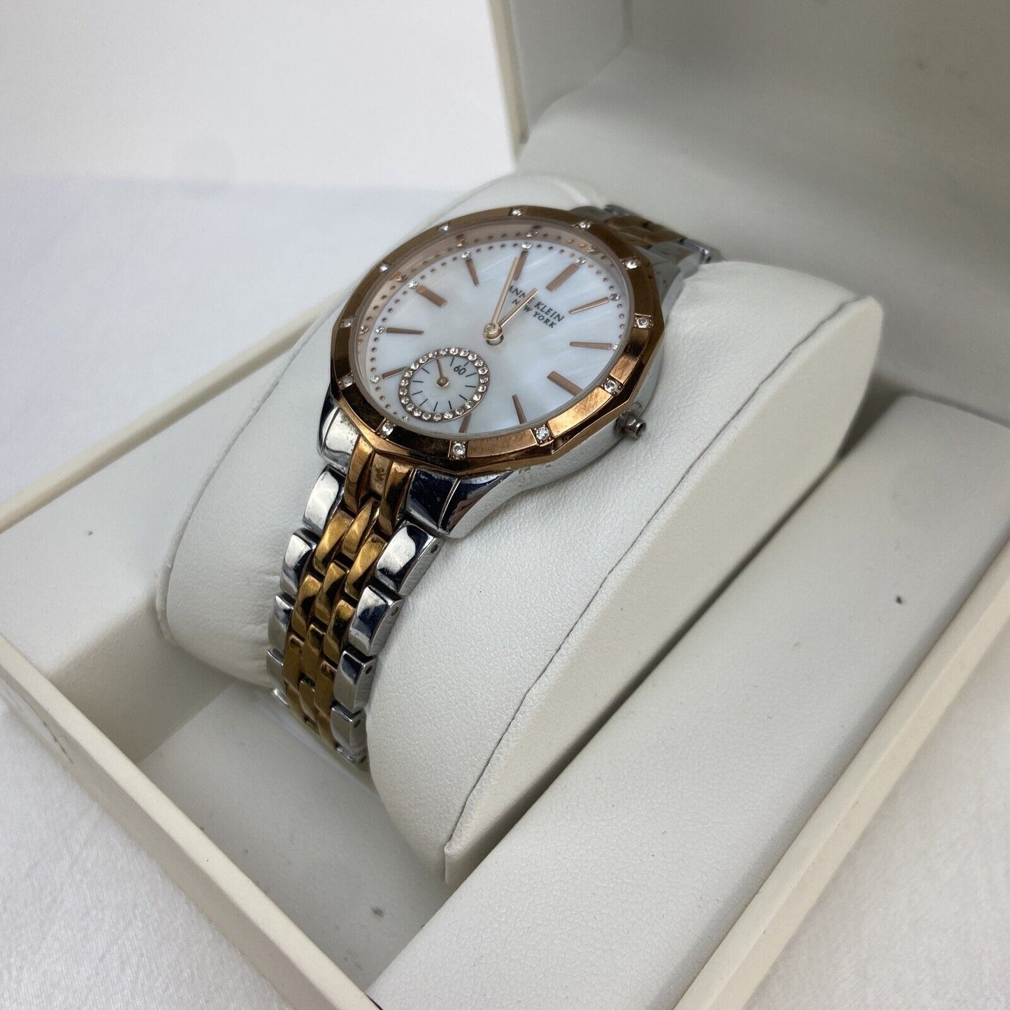 Anne Klein 12/2305MPRT Ladies Rose Two-Tone Crystal Watch Used Broken Crown