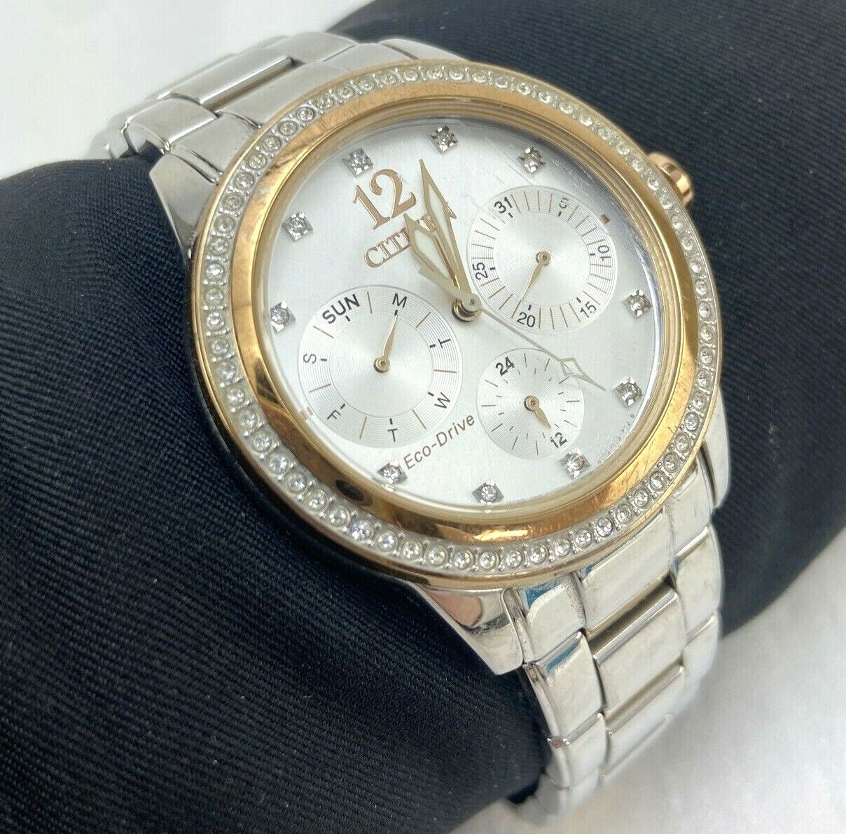 Citizen FD2018-56A Eco-Drive Two Tone Crystal Ladies Watch V179 Used Works