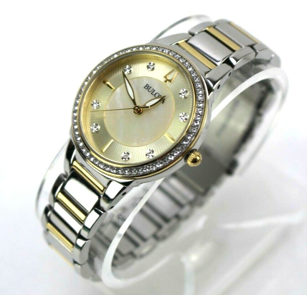 Bulova 98L248 Swarovski Crystal Mother of Pearl Dial Two Tone Watch Used Works