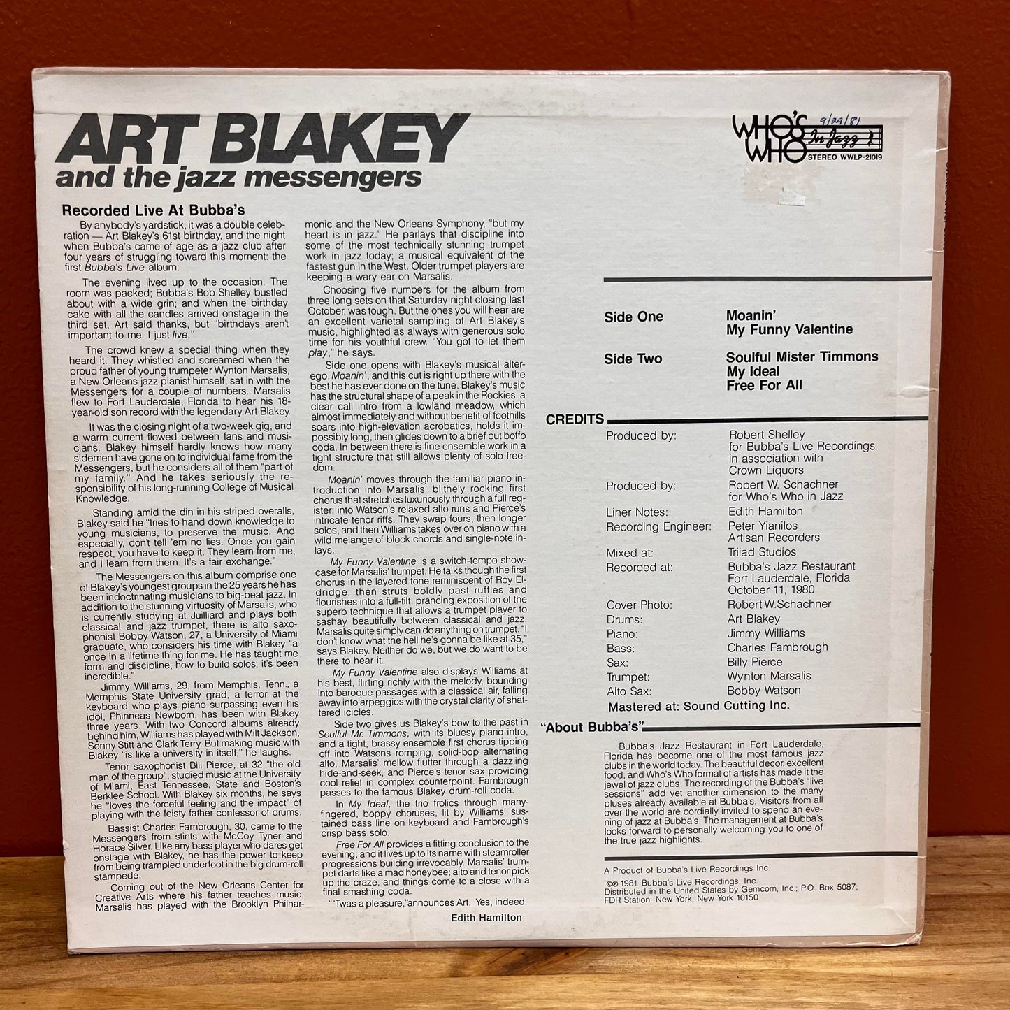 Art Blakey and the Jazz Messengers recorded live at Bubba's Jazz Restaurant WWLP-21019 Vinyl