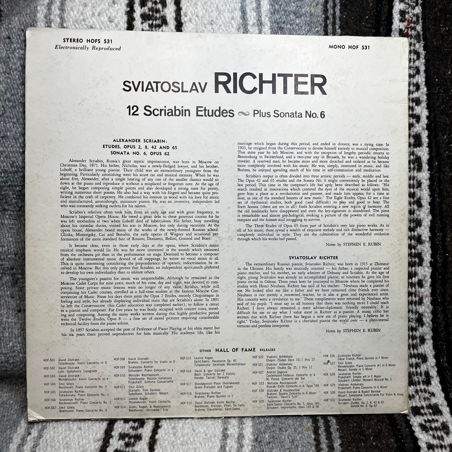 Sviatoslav RICHTER 12 Scriabin FEtudes - Plus Sonata No. 6 Great Artist Series Vinyl HOFS 531 Used
