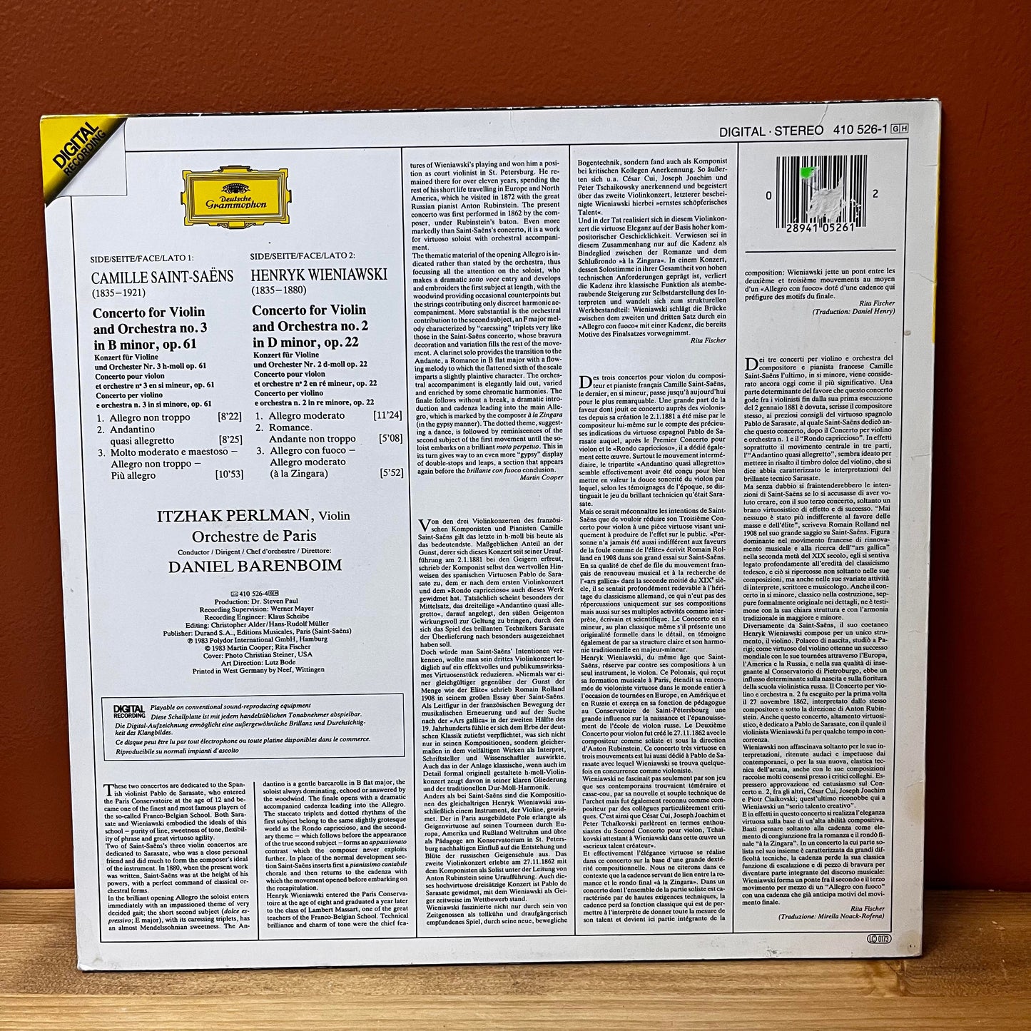 Itzhak Perlman Saint-Saens: Violin Concerto No.3 Wieniawski: Violin Concerto No.2 PolyGram 410 526-1 Used Vinyl VG+