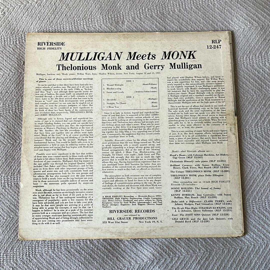 Mulligan Meets Monk Riverside RLP 12-247 1957 Mono VG+ Used Vinyl